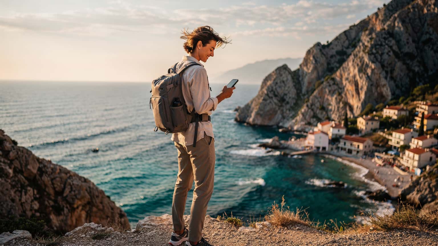 A person looking at a smartphone on a scenic cliff overlooking the Albanian Riviera at sunset, conveying effortless travel connectivity.
