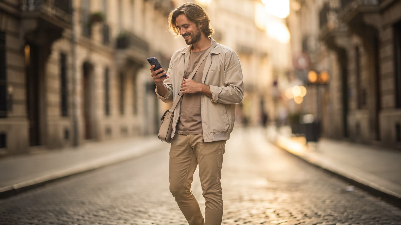 A modern traveler, smiling slightly while looking at a smartphone screen, set against a blurred, sun-drenched European city street. The image conveys ease of travel and connectivity in a cinematic style.