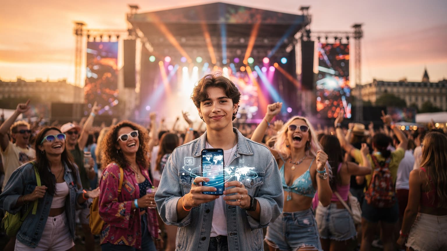 A group of young people at a vibrant European music festival at sunset, one holding a smartphone displaying an eSIM interface, symbolizing modern festival connectivity.