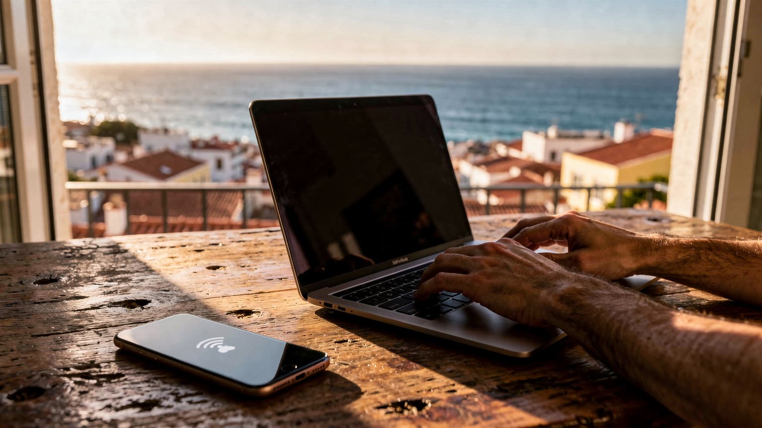 A professional editorial photo depicts a person's hands on a laptop with a smartphone showing a network signal, set against a blurred background of a sunlit coastal town in Portugal or Spain, conveying remote work and travel.