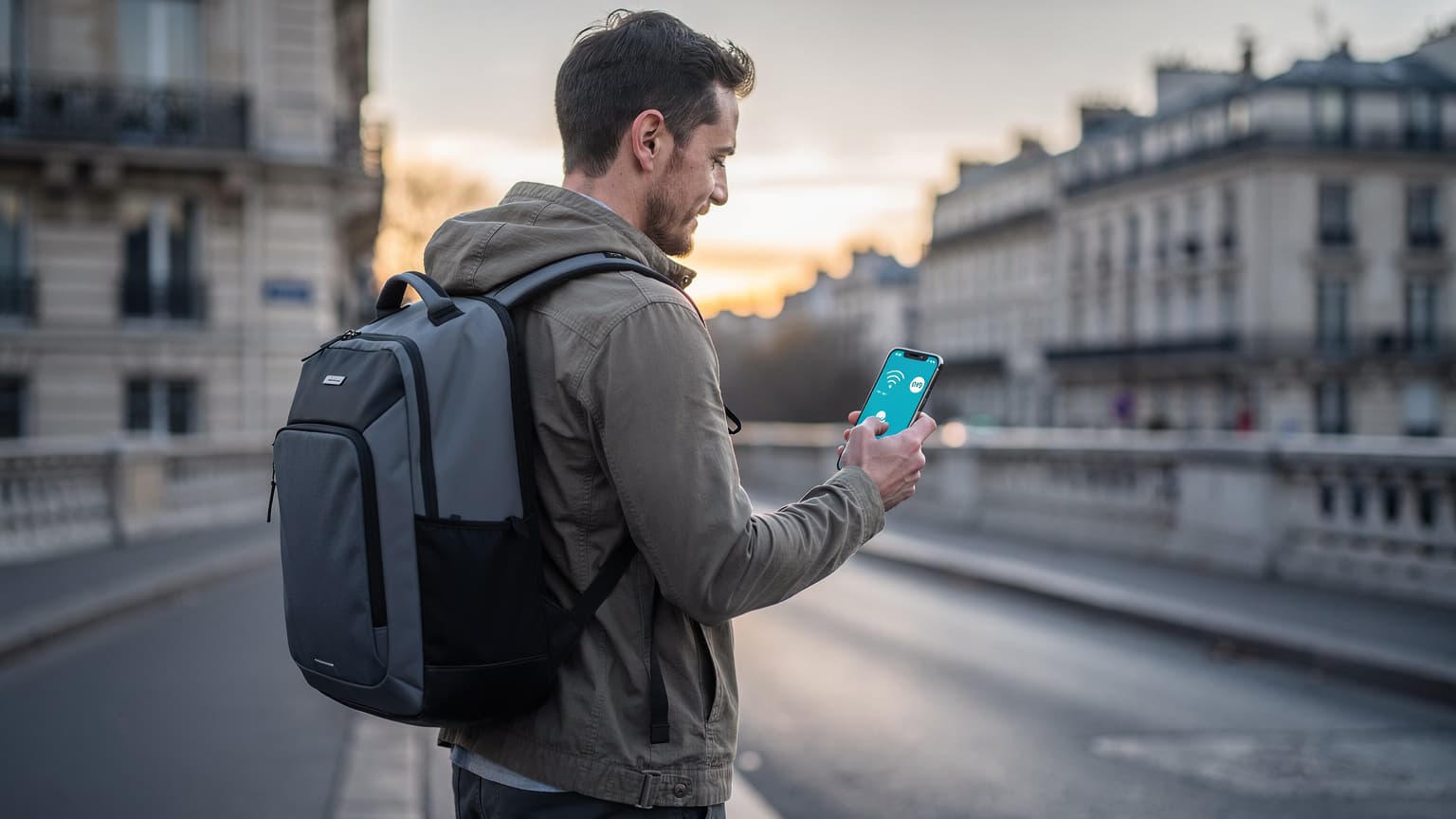 A solo backpacker uses a smartphone on a quiet Parisian street at dawn, with blurred historic architecture in the background, symbolizing smart and connected travel for the Paris 2026 Olympics.