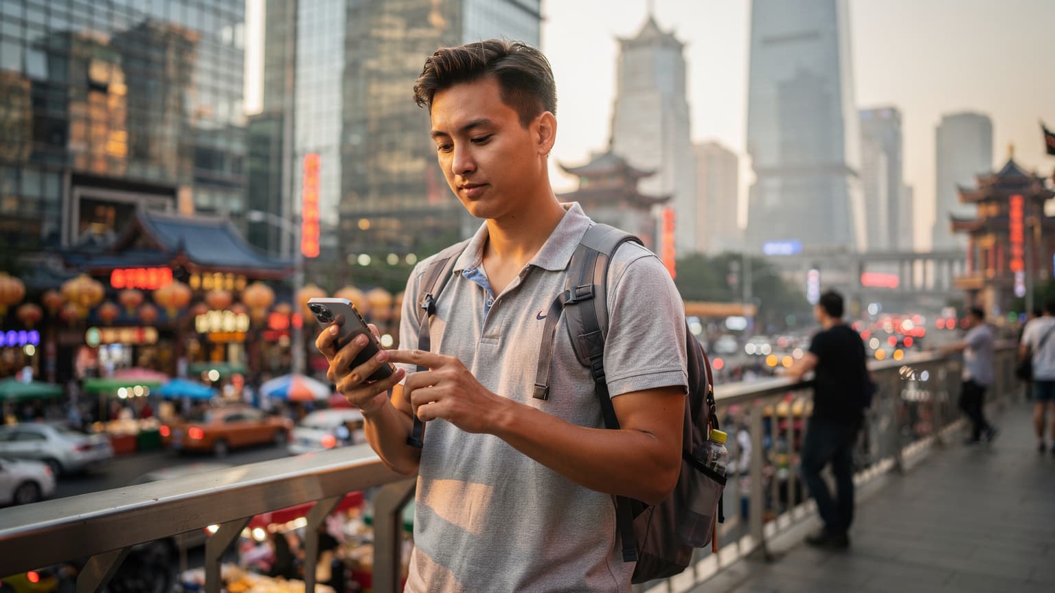 A photorealistic editorial image of a relaxed traveler using a smartphone in a modern Chinese city, symbolizing easy and seamless internet connectivity without the need for a VPN.