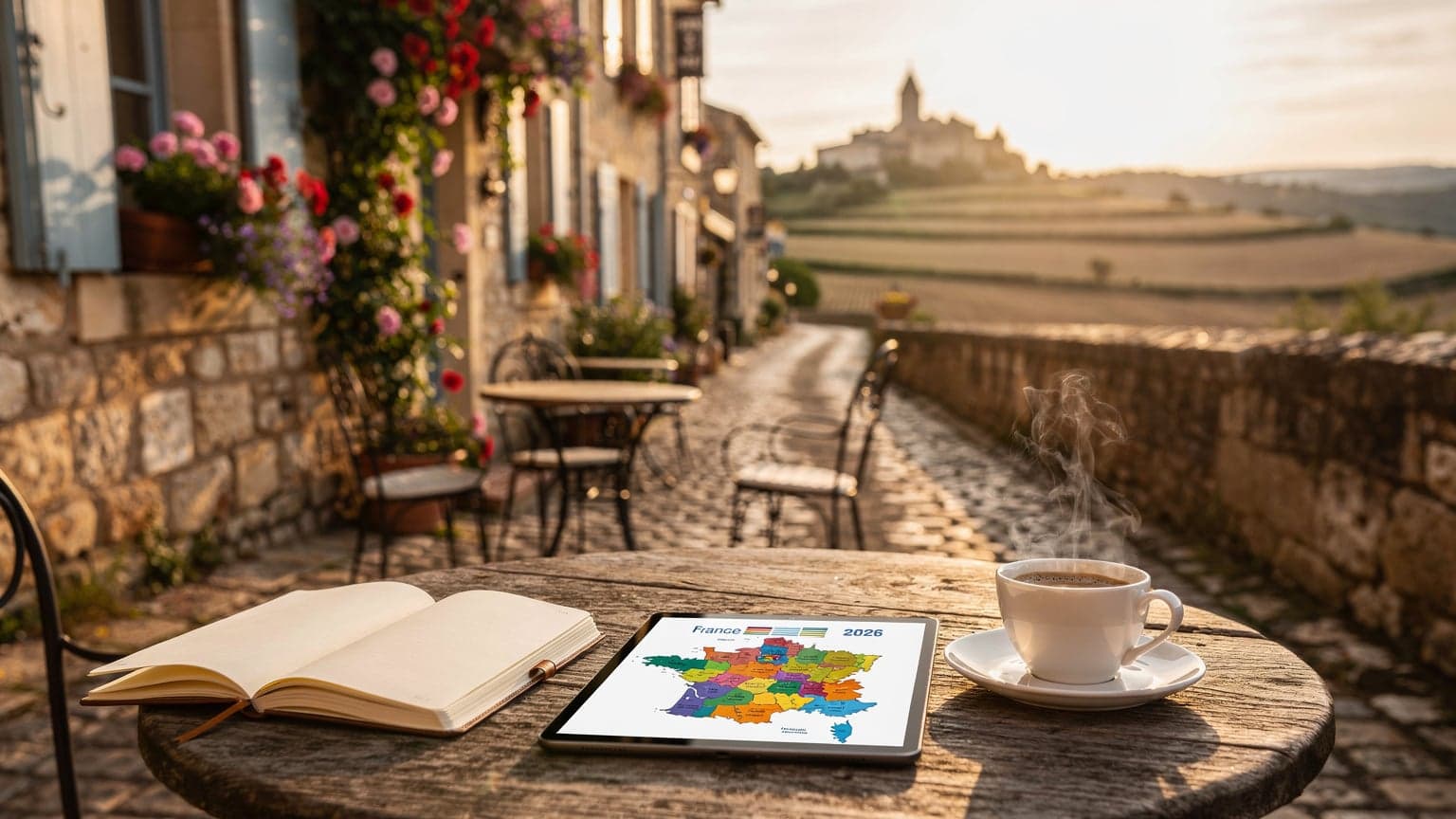 A photorealistic editorial hero image depicting a charming French village street at golden hour, with a modern travel planner and coffee on a table in the foreground, symbolizing trip preparation.