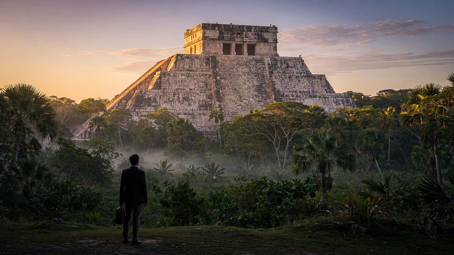 A cinematic, photorealistic image of Chichen Itza's El Castillo pyramid at sunrise, with a traveler observing it, suitable for a travel magazine hero shot.