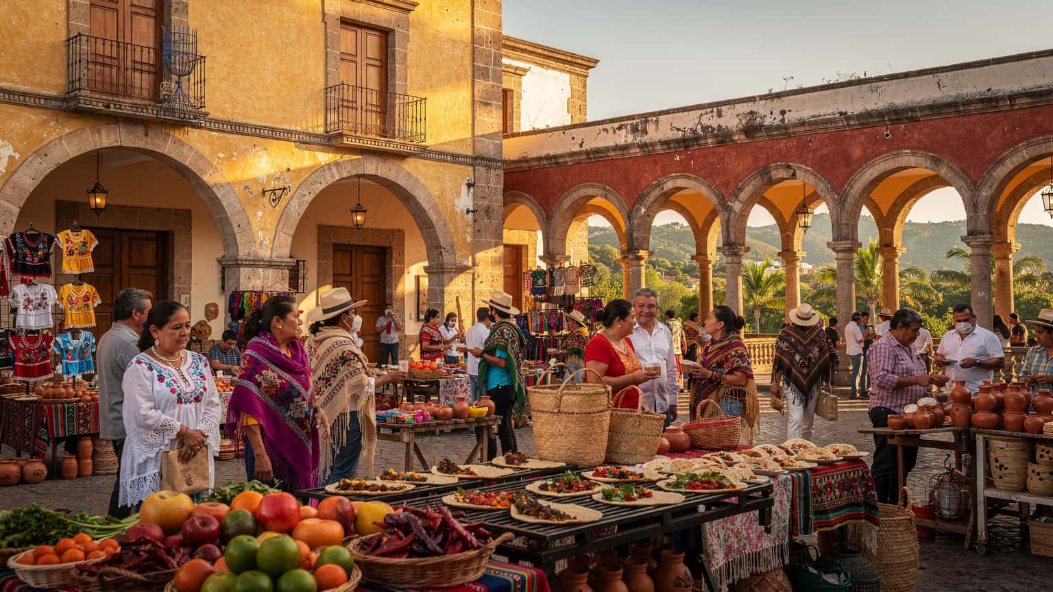 A vibrant and inviting hero image for a travel article about Mexico, showcasing a bustling market scene with colorful traditional crafts and food, historic colonial buildings, and a hint of lush natural landscape in the background. The image captures Mexico's rich culture and diverse appeal.