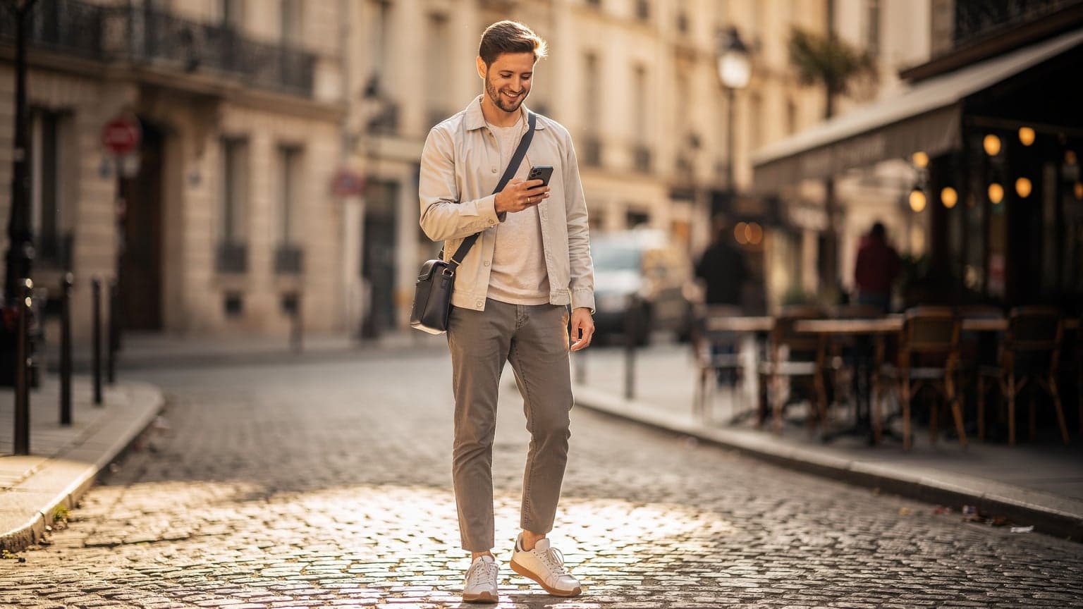 A modern traveler uses a smartphone on a sunny French city street, blending technology with historic architecture, symbolizing secure and connected travel in France.