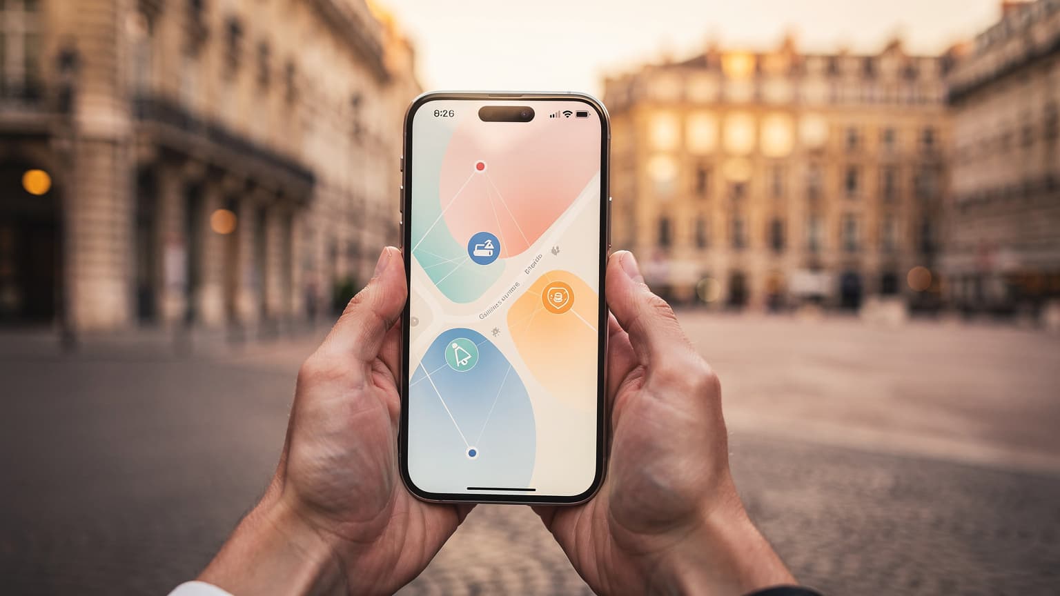 Photorealistic image of hands holding a sleek, modern iPhone against a blurred, vibrant cityscape at golden hour, illustrating seamless travel connectivity. The phone screen shows a generic network icon, and the scene is bathed in cinematic natural light, with no text or logos.