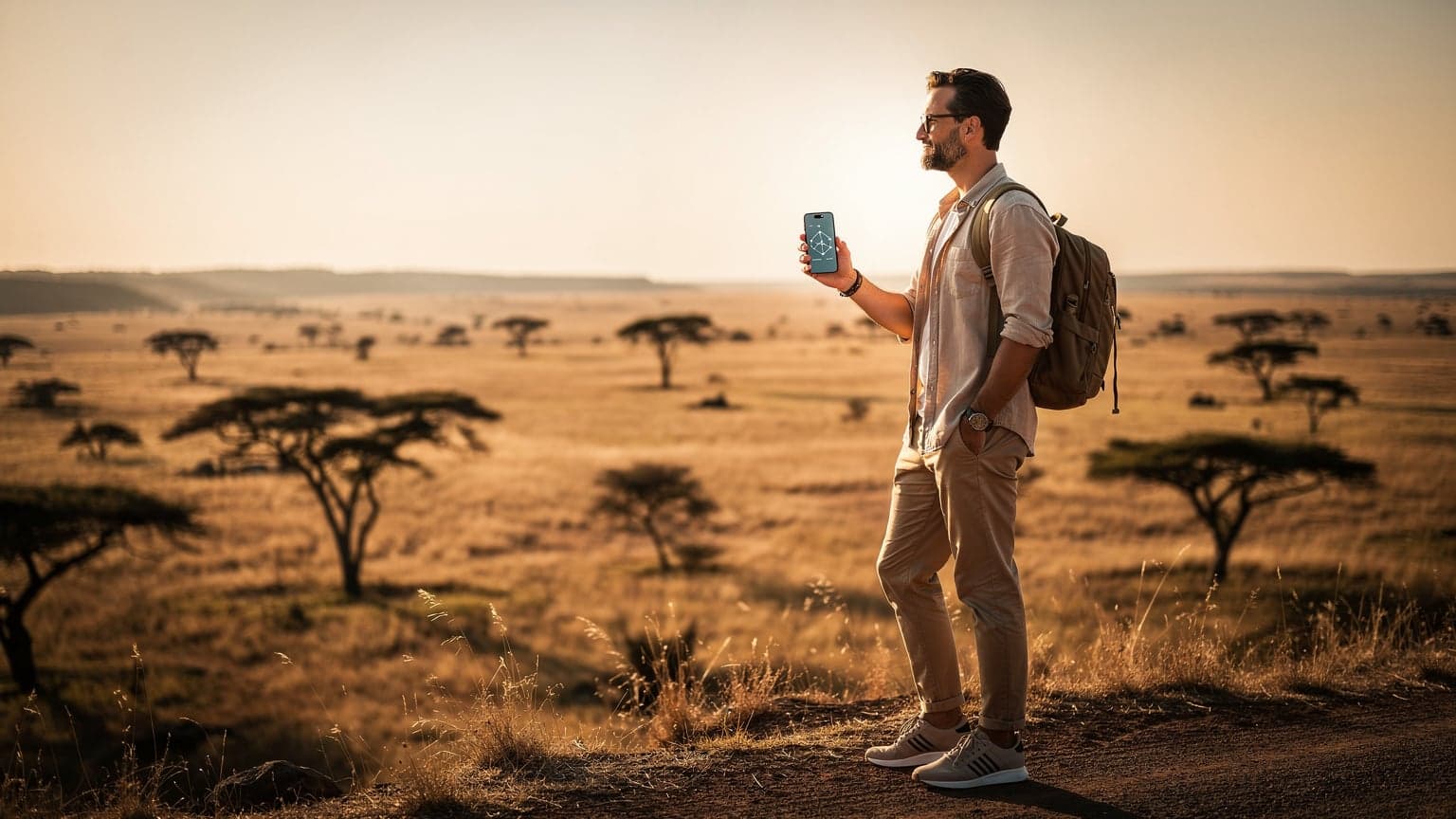 A sophisticated traveler uses a smartphone in a beautiful, expansive African landscape, symbolizing seamless multi-country eSIM connectivity.