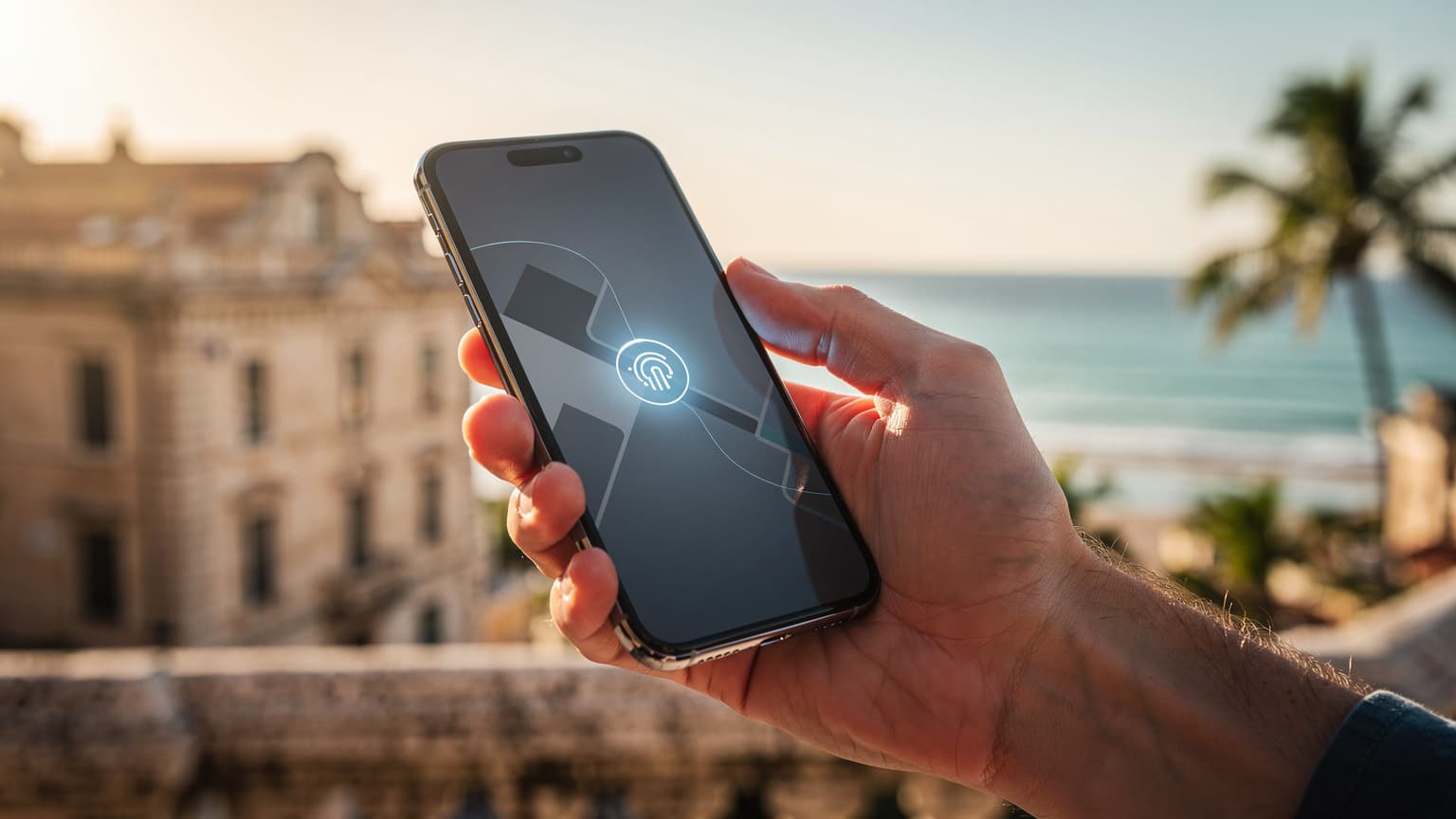 A hand holds a smartphone against a blurred, sun-drenched travel destination, symbolizing effortless global connectivity.
