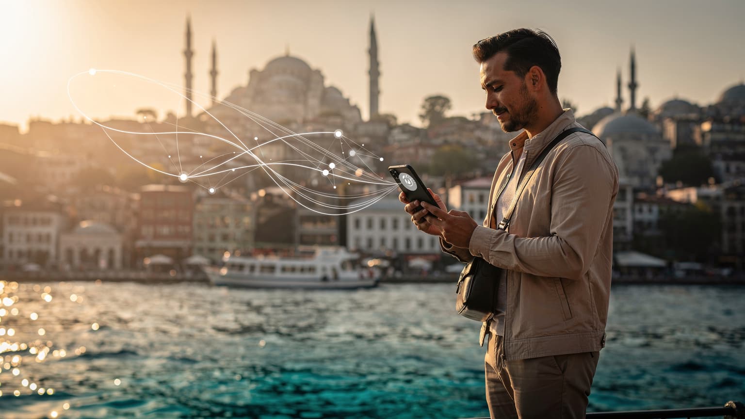 A traveler using a smartphone with a secure connection graphic, overlooking Istanbul's Bosphorus at sunset, symbolizing integrated eSIM travel insurance.