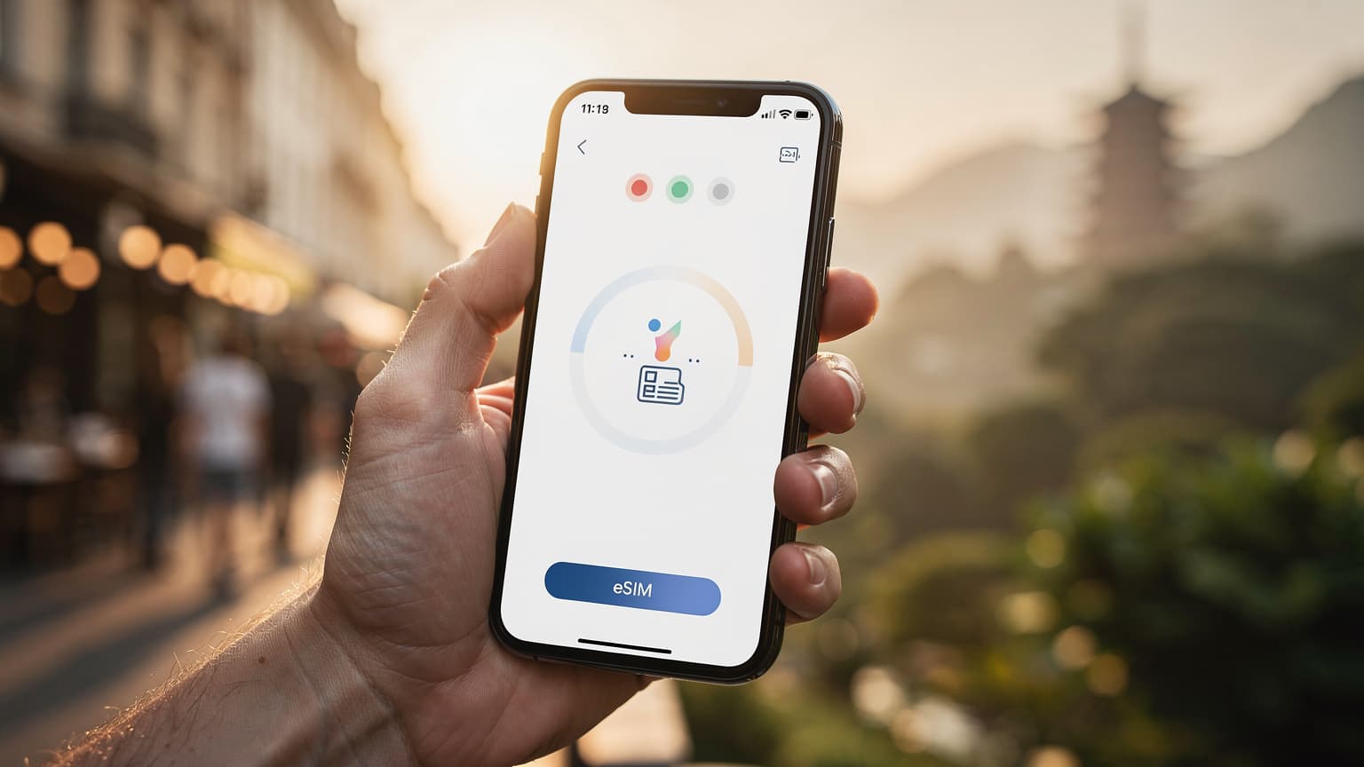 A close-up of a hand holding a smartphone showing an eSIM activation screen, with a blurred, sunlit global travel destination in the background, conveying modern international travel and technology.