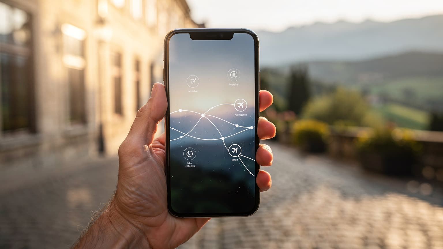 A close-up, photorealistic image of a hand holding a modern smartphone against a blurred, scenic travel background, representing readiness for international travel with eSIM technology.