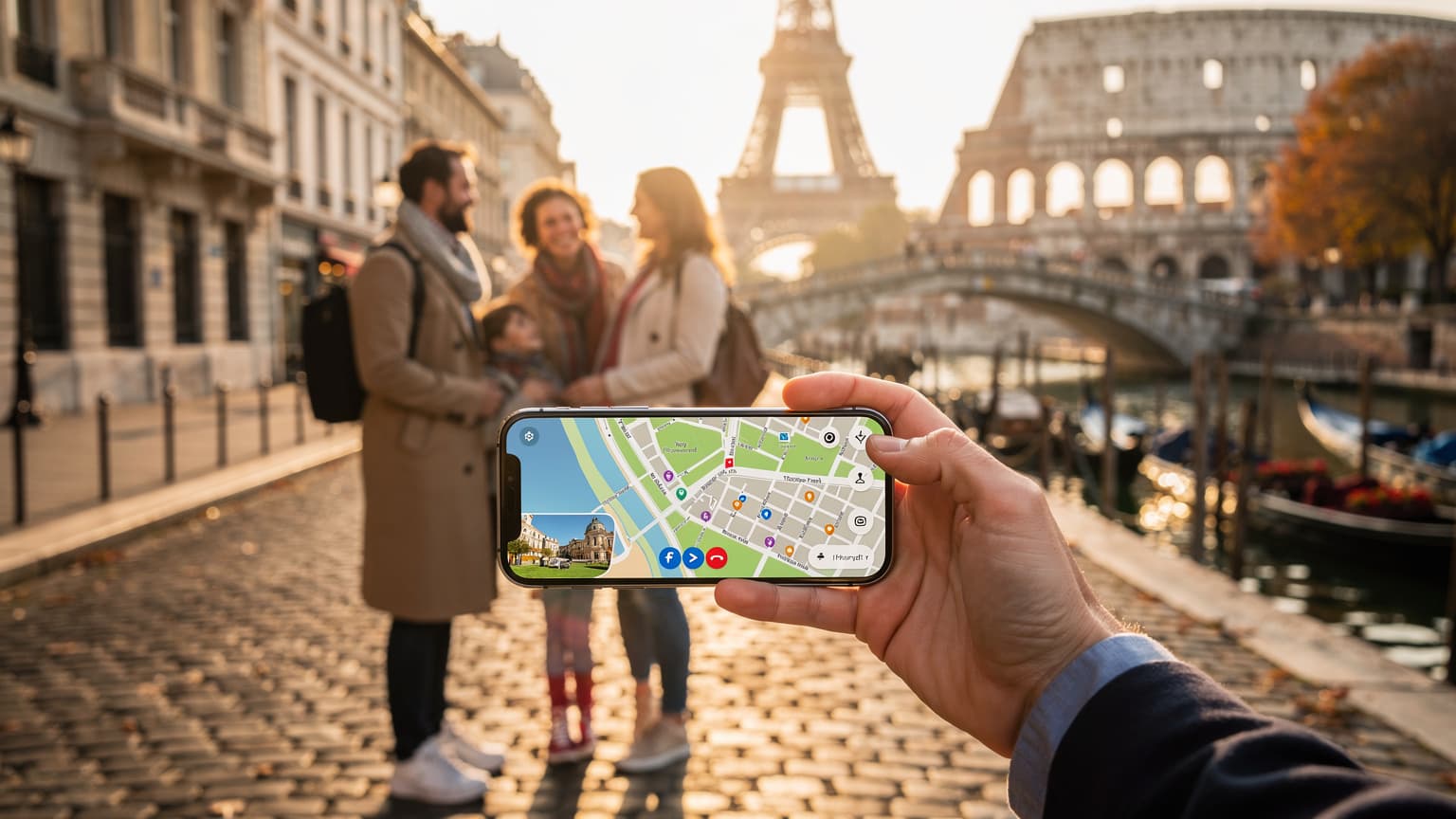 A photorealistic hero image for a travel tech magazine, showing a family enjoying an autumn trip in Europe. A parent subtly holds a smartphone, symbolizing seamless multi-country connectivity. An iconic European landmark is in the background, bathed in natural light, conveying effortless modern travel.