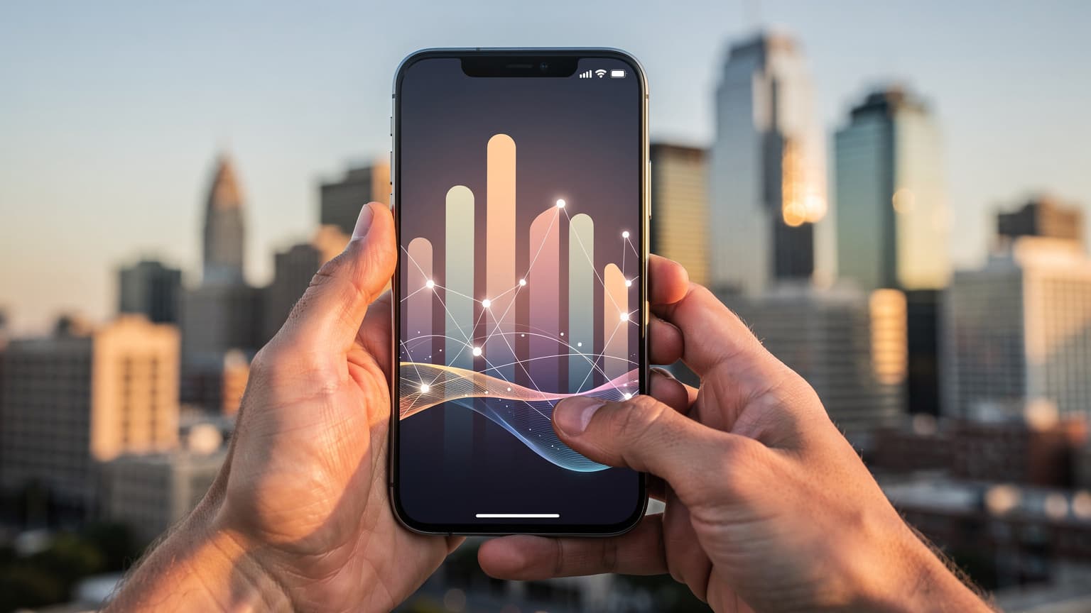 Close-up of hands holding a smartphone with a data display, set against a blurred background of an American city skyline at sunset, symbolizing international travel and mobile data.