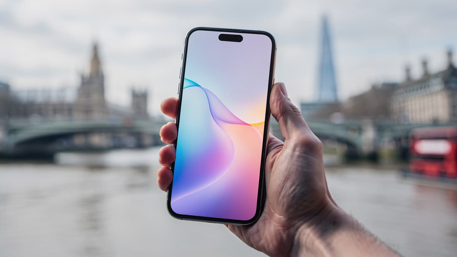 A hand holding a smartphone with a blurred London cityscape in the background, suggesting mobile connectivity and travel.