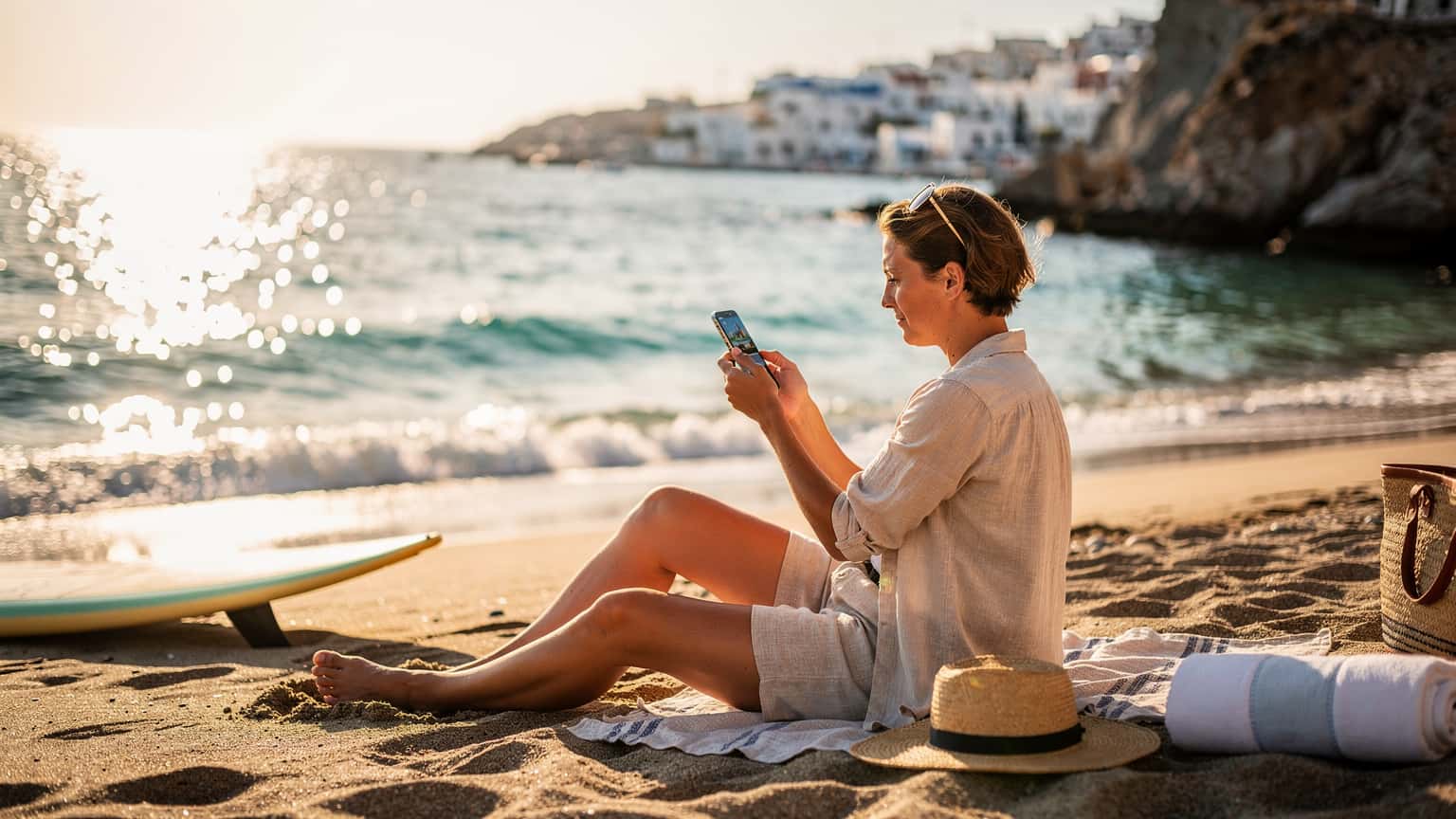 A person on a sunny Greek island beach, holding a smartphone, with the turquoise Aegean Sea and distant white buildings in the background. A surfboard is visible nearby, suggesting a blend of travel, surfing, and technology.