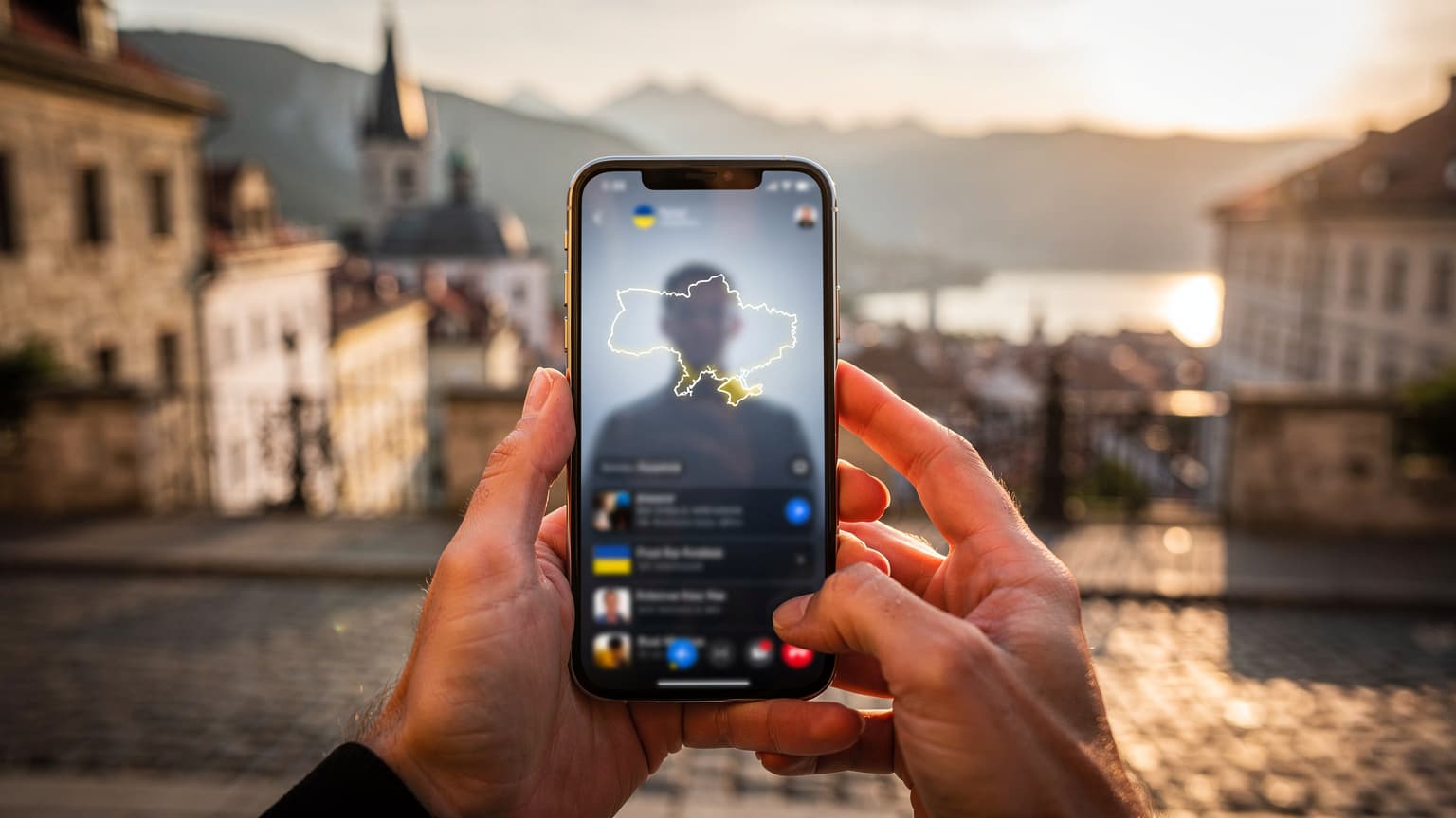 A person's hands holding a smartphone against a blurred background of a beautiful travel destination, symbolizing global connection to Ukraine via eSIM.