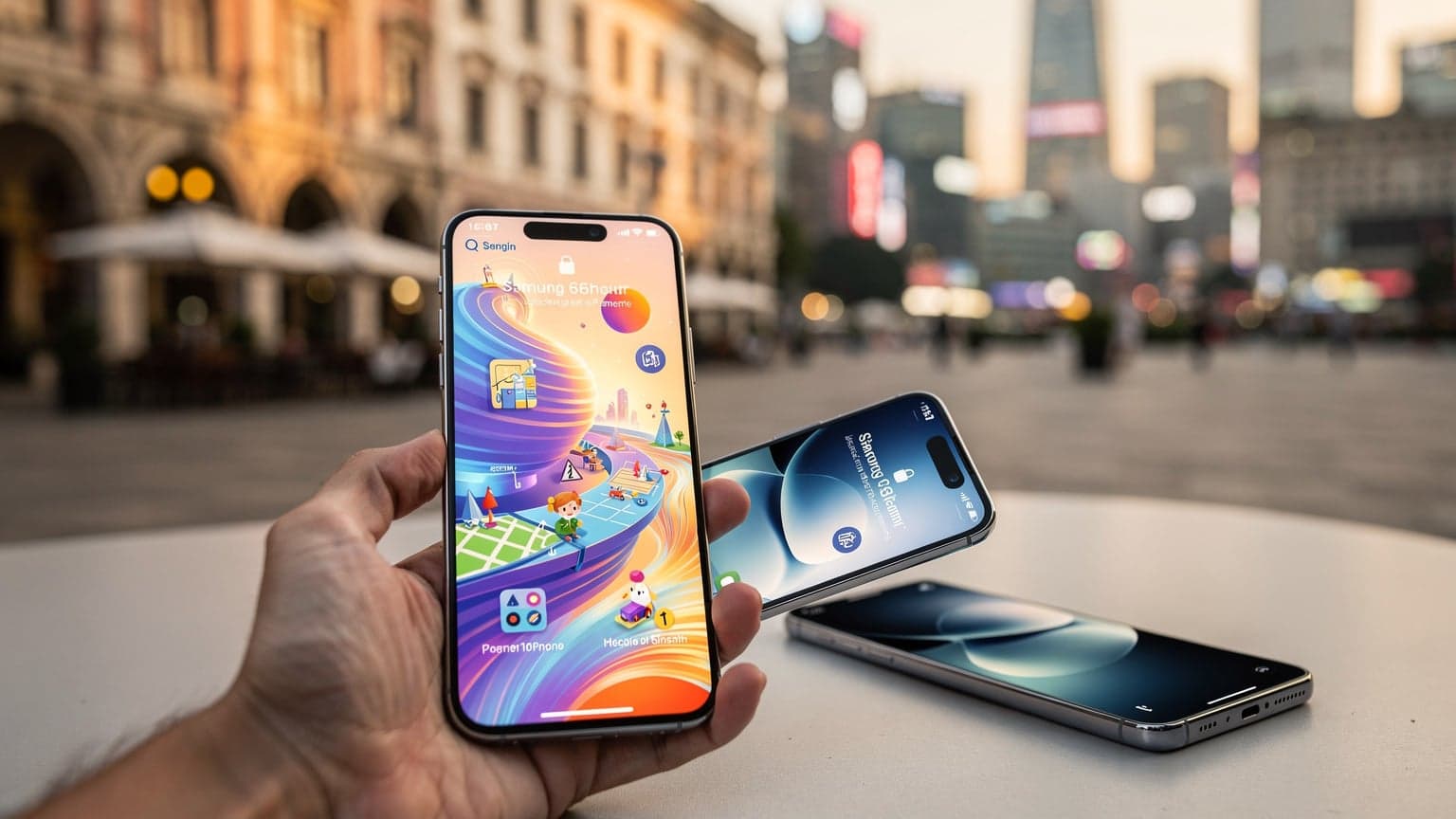 A close-up of two modern, unbranded smartphones, one displaying a travel interface, set against a blurred background of an iconic international city, symbolizing future global travel with eSIM technology.