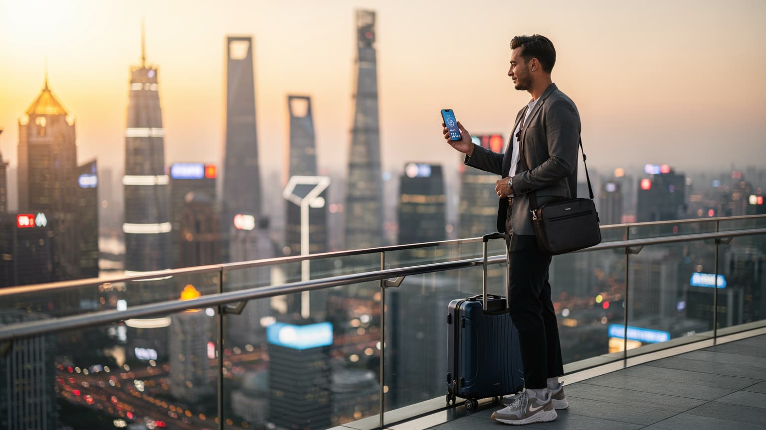 A modern traveler looks at their smartphone with a calm expression against a blurred backdrop of a futuristic Chinese city skyline at sunset, conveying seamless travel and digital connectivity.