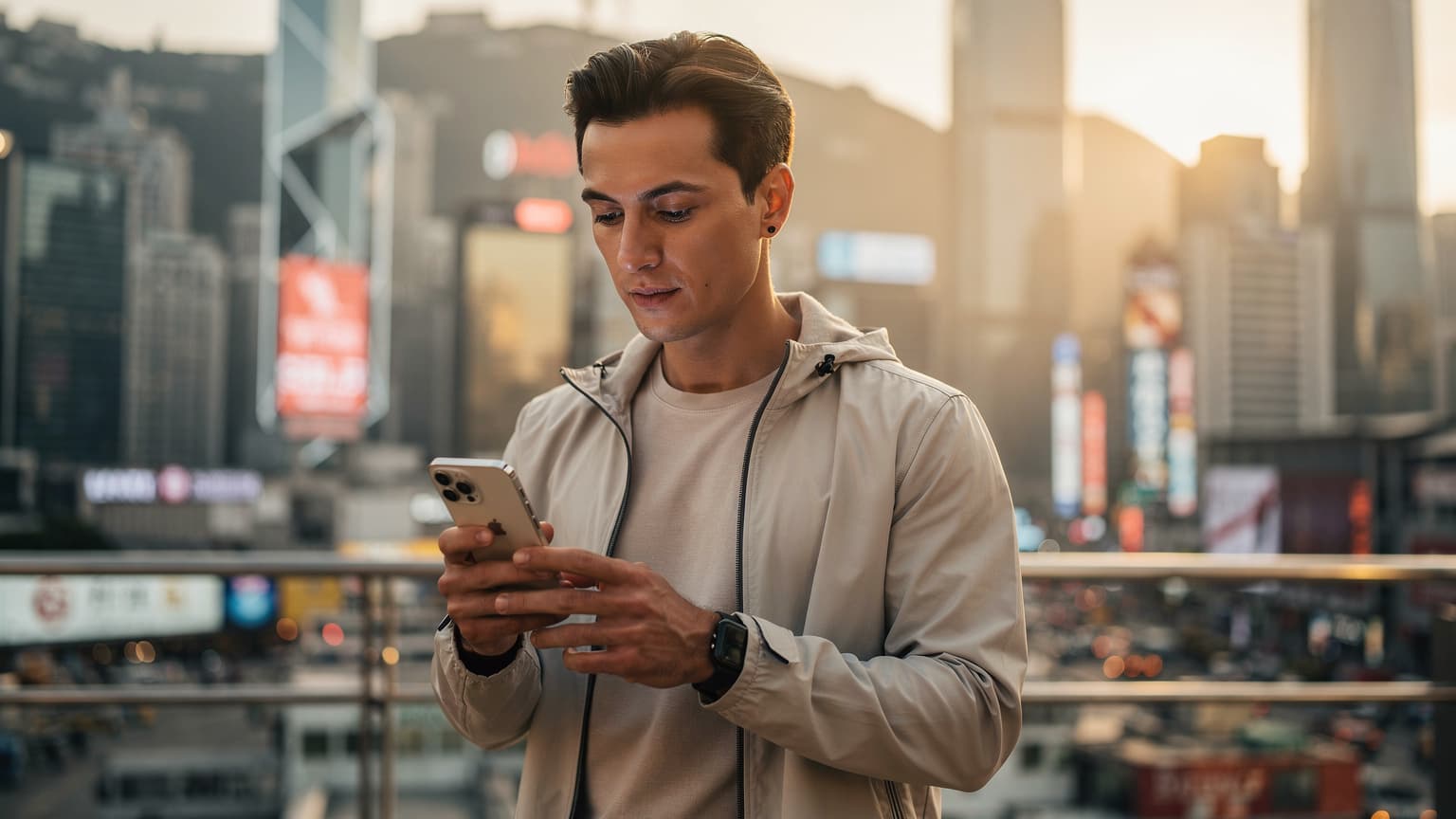 A stylish person holding an iPhone against a blurred, vibrant Hong Kong cityscape during golden hour, depicting modern travel and tech use.