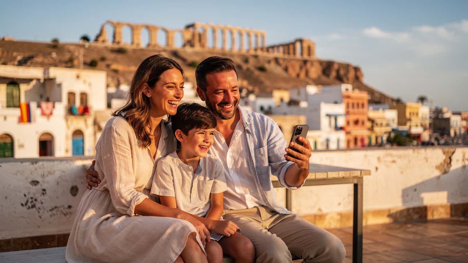 A family on a stress-free holiday in Algeria, subtly featuring a smartphone for connectivity, set against a beautiful Algerian backdrop.