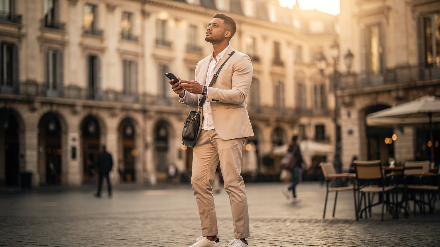 A diverse traveler in a vibrant European city square at golden hour, looking at a modern smartphone, representing effortless global connectivity.