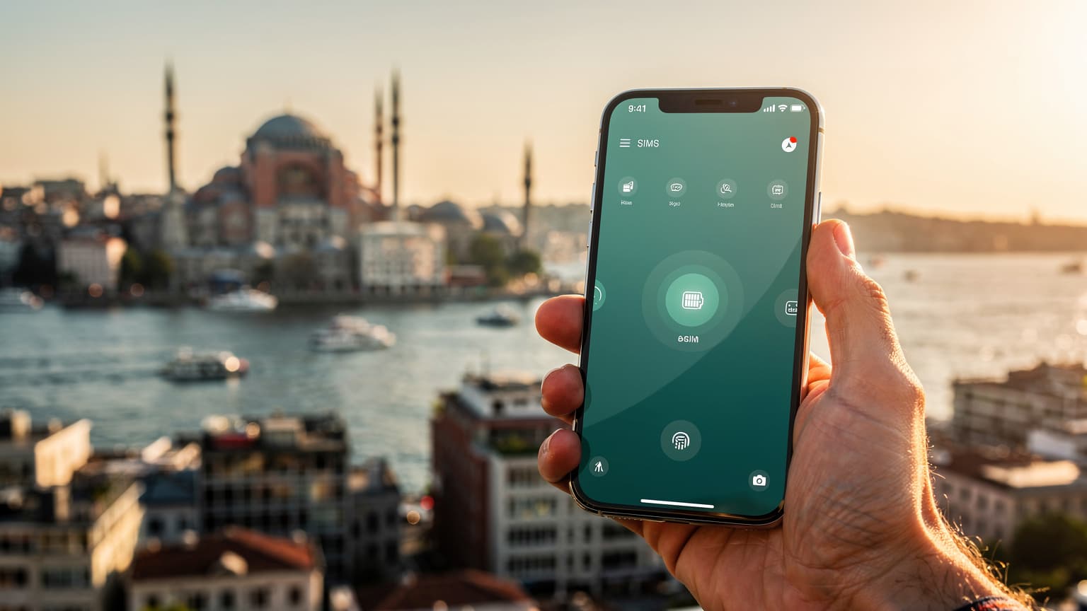 A hand holding a modern smartphone in the foreground, with a blurred but recognizable Istanbul cityscape, including the Hagia Sophia and Blue Mosque, in the background. The scene is lit by warm natural light, suggesting travel and digital connectivity.