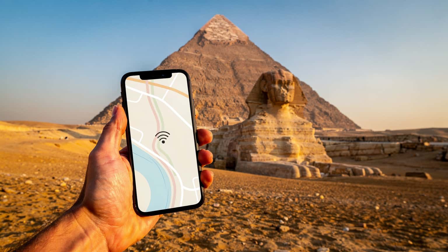 A cinematic, photorealistic hero shot of a hand holding a modern smartphone, set against the majestic Giza Pyramids and Sphinx under a golden hour sky, conveying seamless travel and discovery in Egypt.