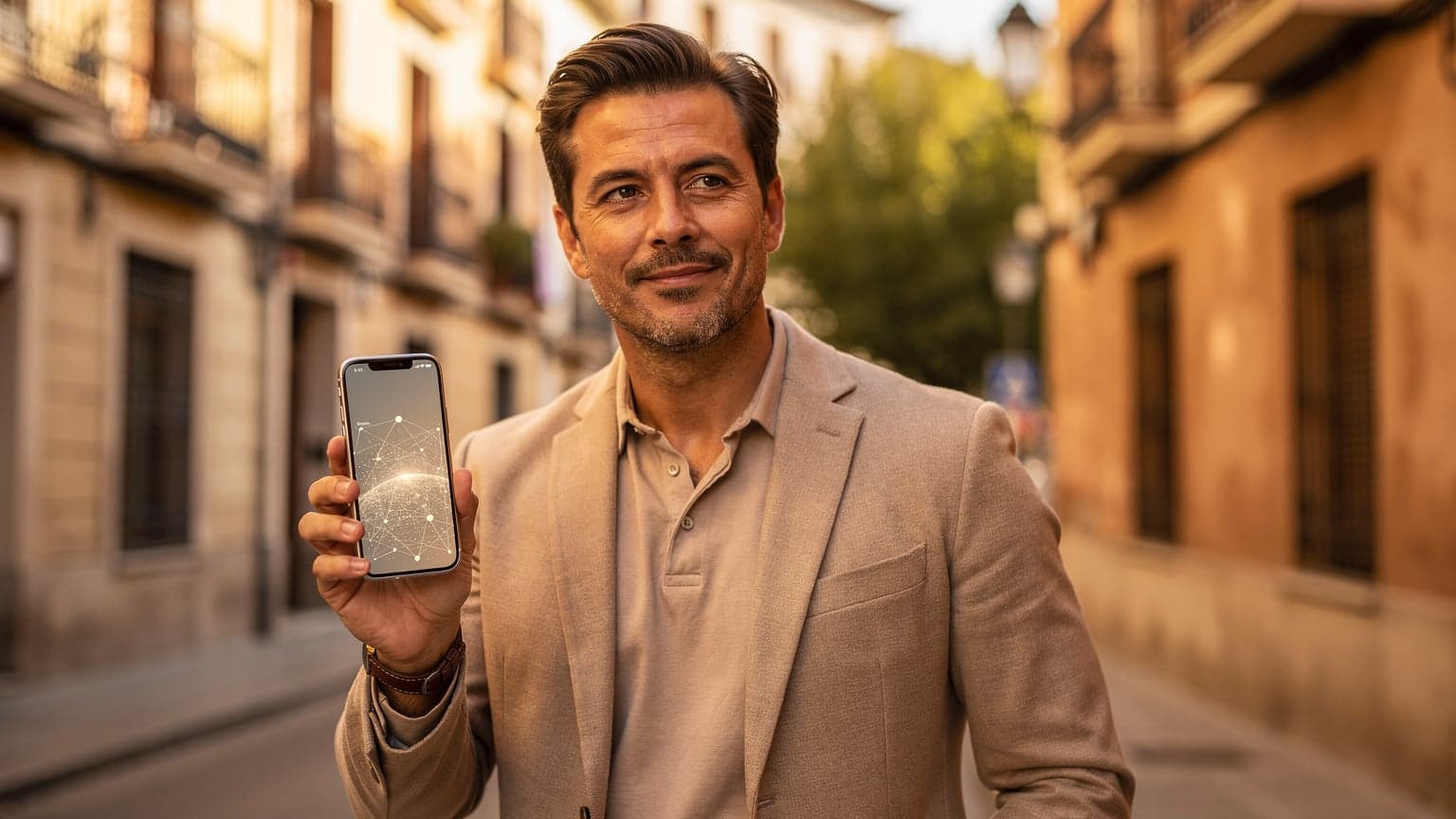 A photorealistic image for a travel and tech magazine, showing a modern traveler holding a smartphone on a sun-drenched street in Spain. The background features blurred Spanish architecture, conveying seamless connectivity and ease of travel.