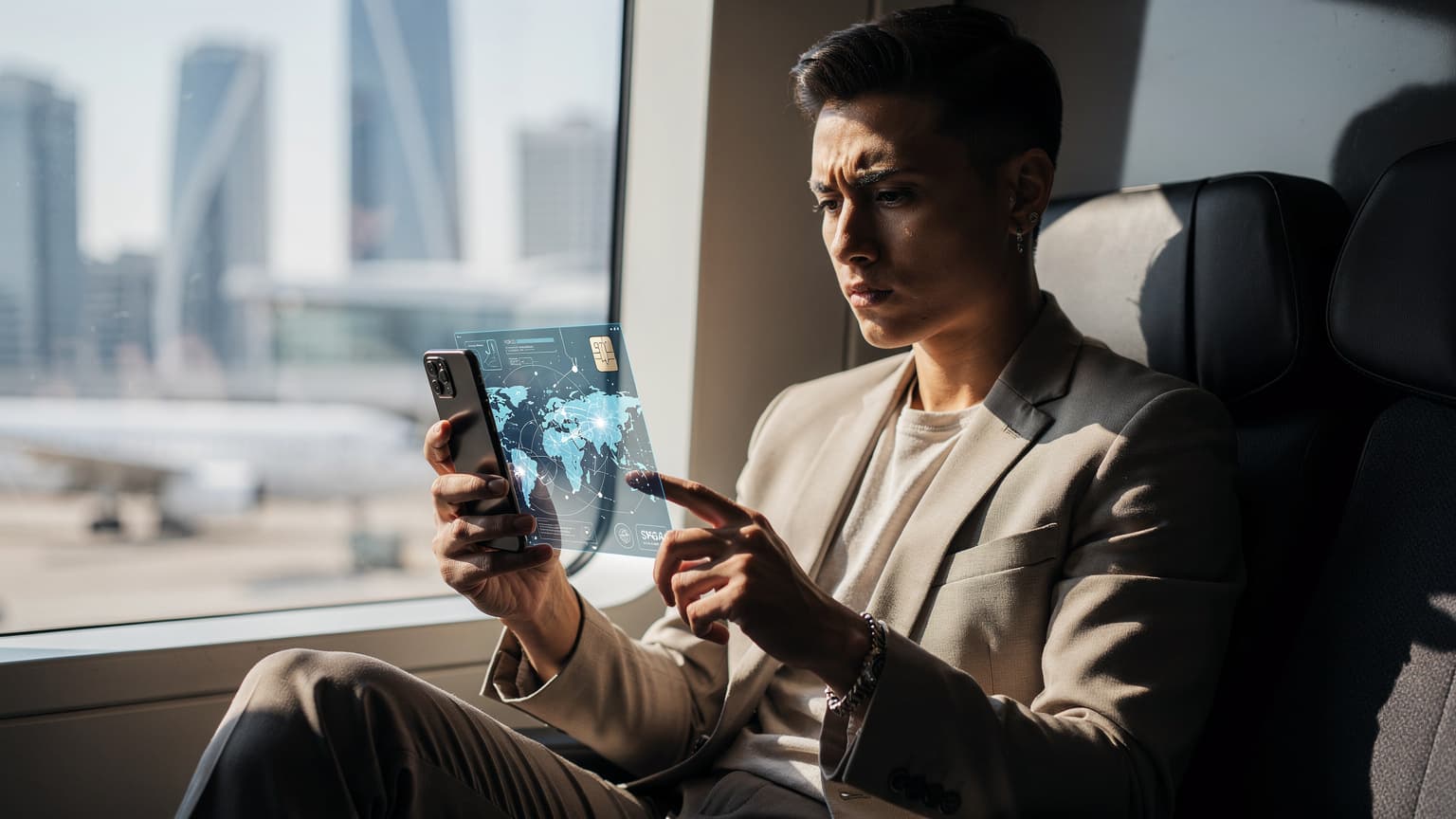 A person thoughtfully examining an unbranded smartphone displaying a futuristic digital interface for global connectivity or eSIM, set in a modern, sunlit travel environment like an airport lounge or train, conveying a critical analysis of future travel technology.
