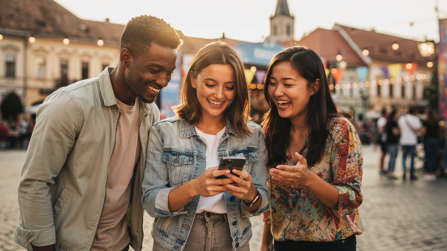 Three smiling young adults using smartphones in a sunny Cluj festival setting, symbolizing easy travel and connectivity.