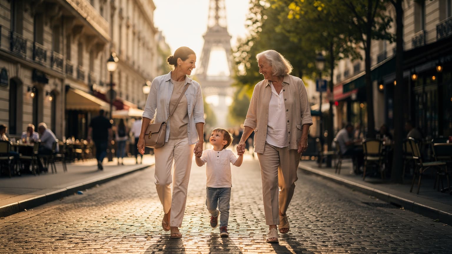 A family with a young child happily strolling through a sunlit Parisian street, with an iconic French landmark in the background, conveying safe and joyful travel.