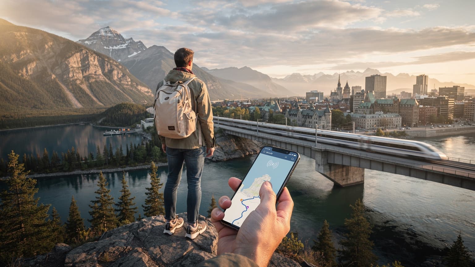 A person with a smartphone overlooking a vast Canadian landscape, blending mountains with a distant city and a train, symbolizing a journey from Vancouver to Montreal with seamless connectivity.