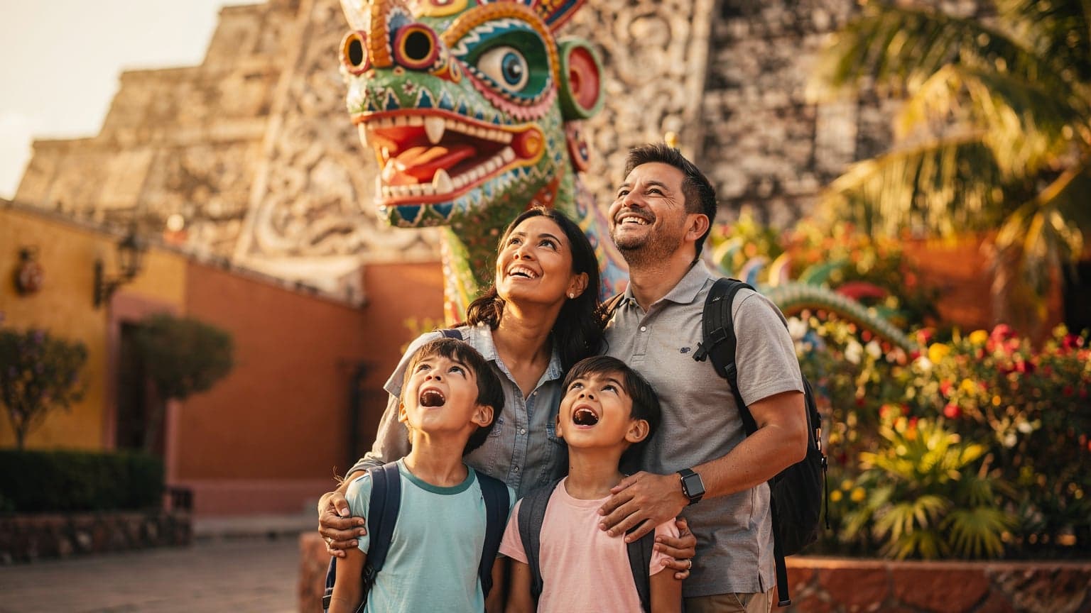 A family with two children looking up with wonder at a colorful cultural artifact in a sunny, vibrant Mexican plaza, capturing a moment of discovery.