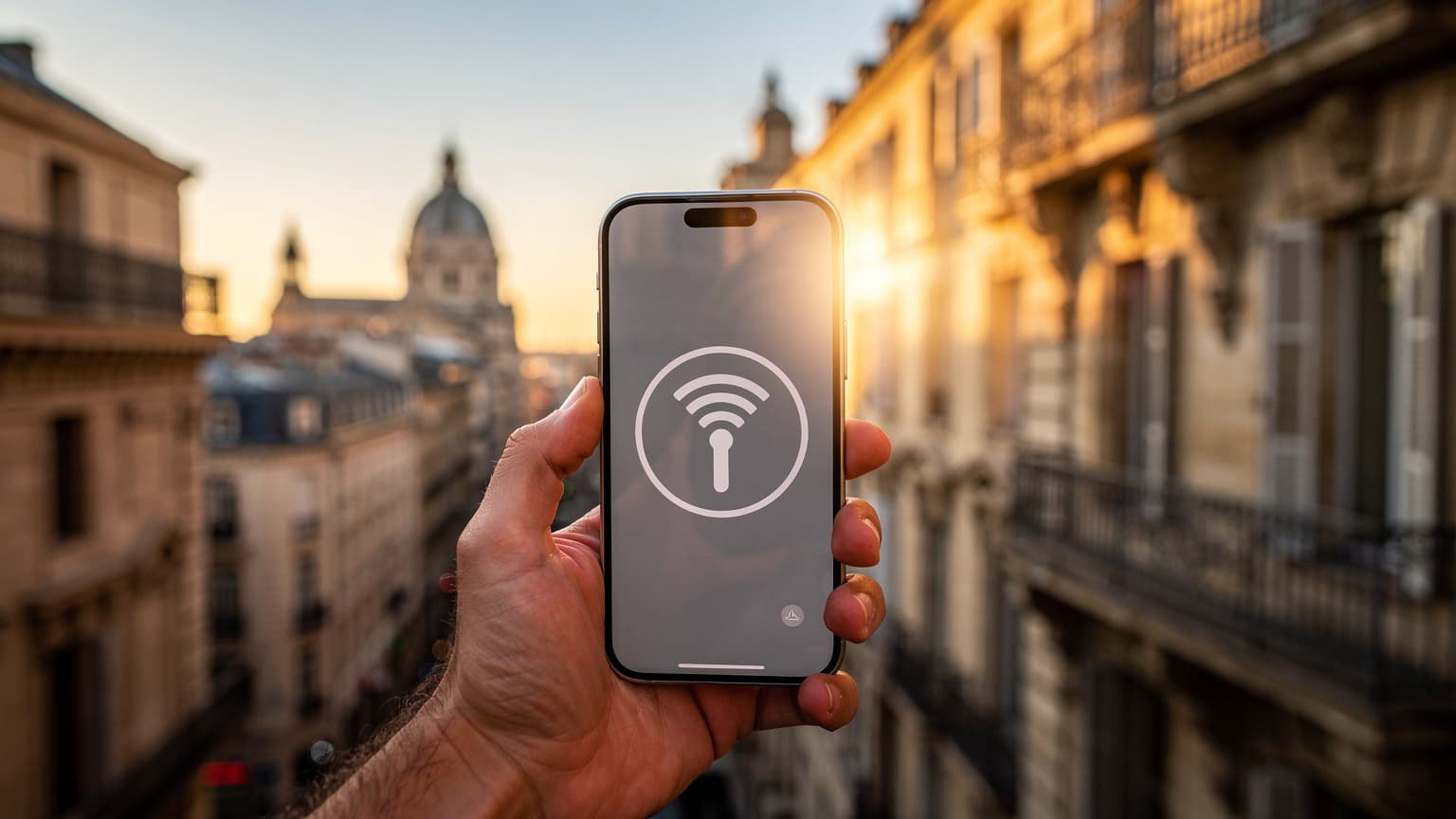 A person's hand holding an iPhone 14 with a strong signal, set against a blurred but iconic European city skyline at sunset, representing seamless travel connectivity and savings.