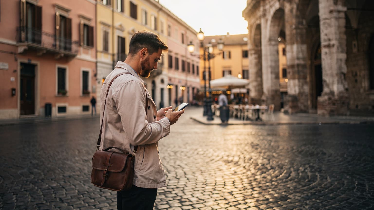 A traveler reviewing their smartphone on a historic Italian street, with classic architecture in the soft-focus background, illustrating budget and safety travel tips.
