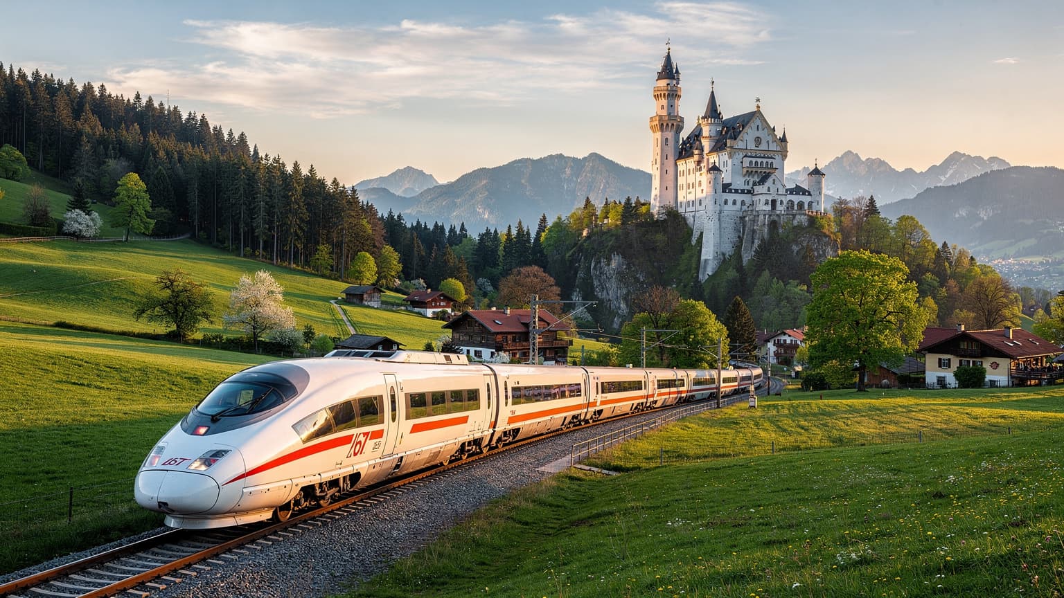 A modern German high-speed train traveling through a scenic Bavarian landscape with a fairytale castle in the background, bathed in golden hour light.