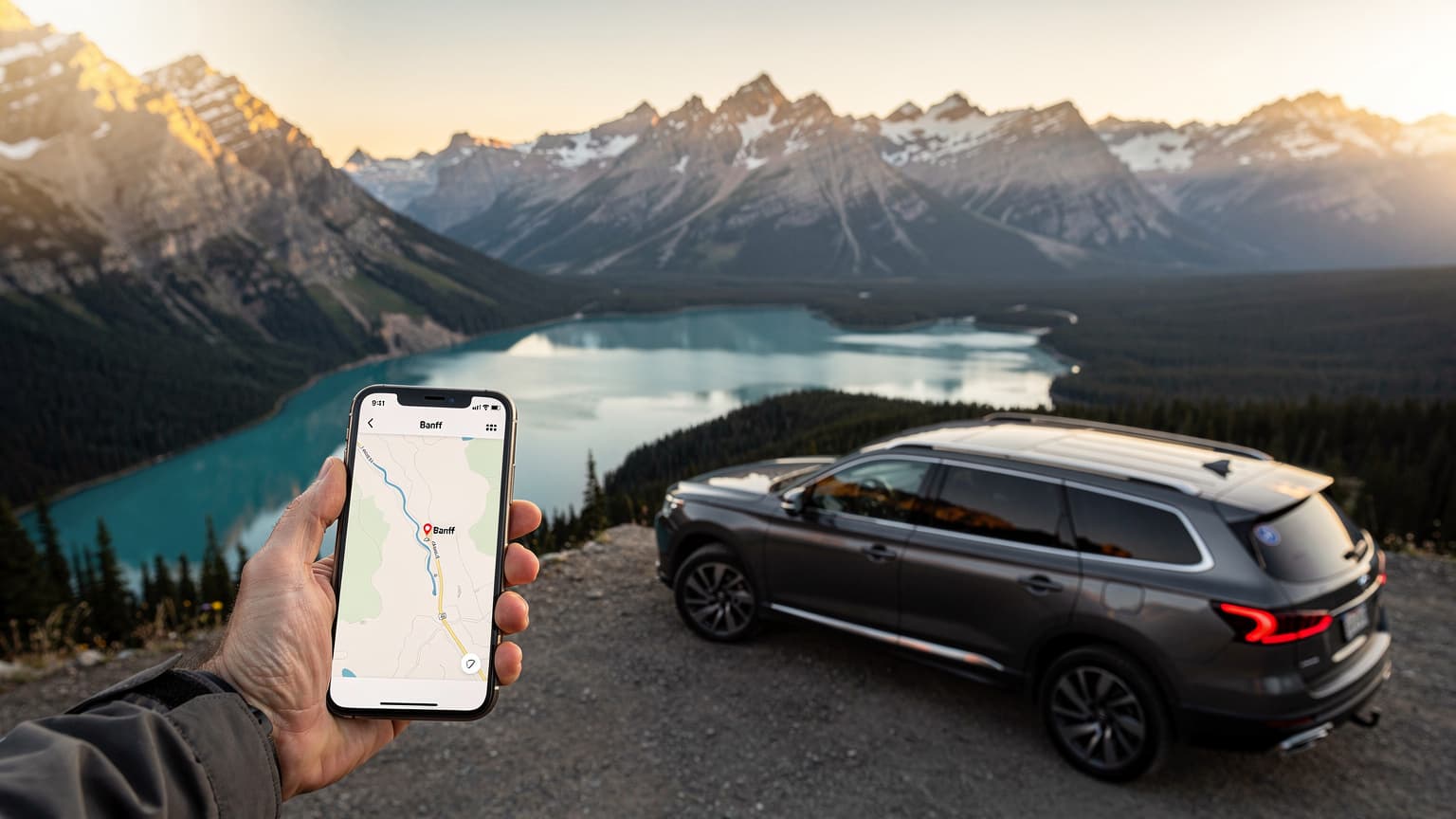 A modern SUV or camper van is parked at a scenic overlook in the Canadian Rockies, facing a panoramic view of mountains, a turquoise lake, and forests, with a hand subtly holding a smartphone in the foreground.