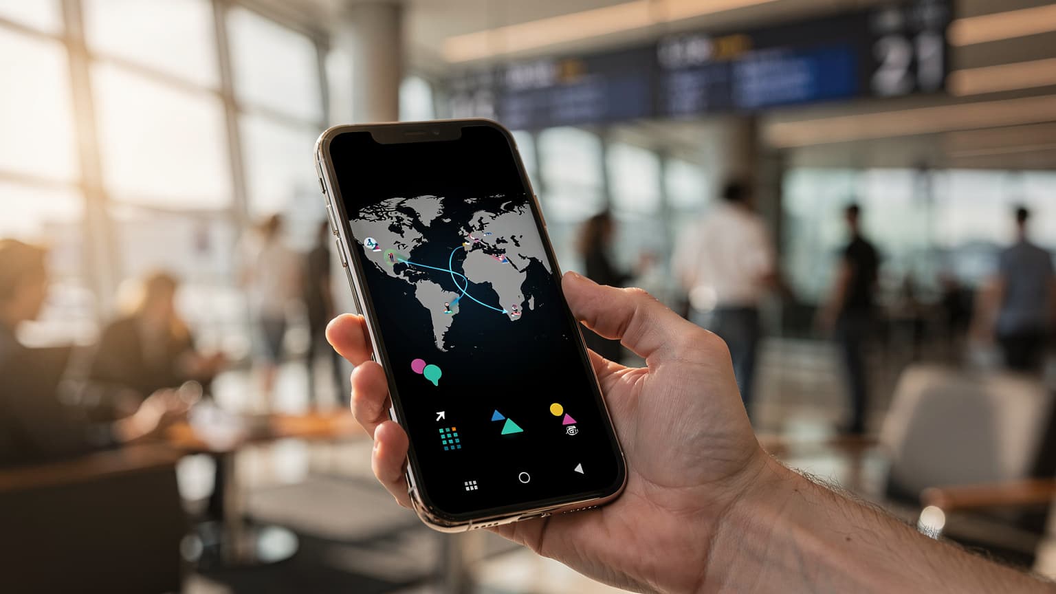A person's hand holds a modern smartphone displaying a digital world map, with a blurred background of a sunlit international airport lounge, suggesting seamless global travel and connectivity.