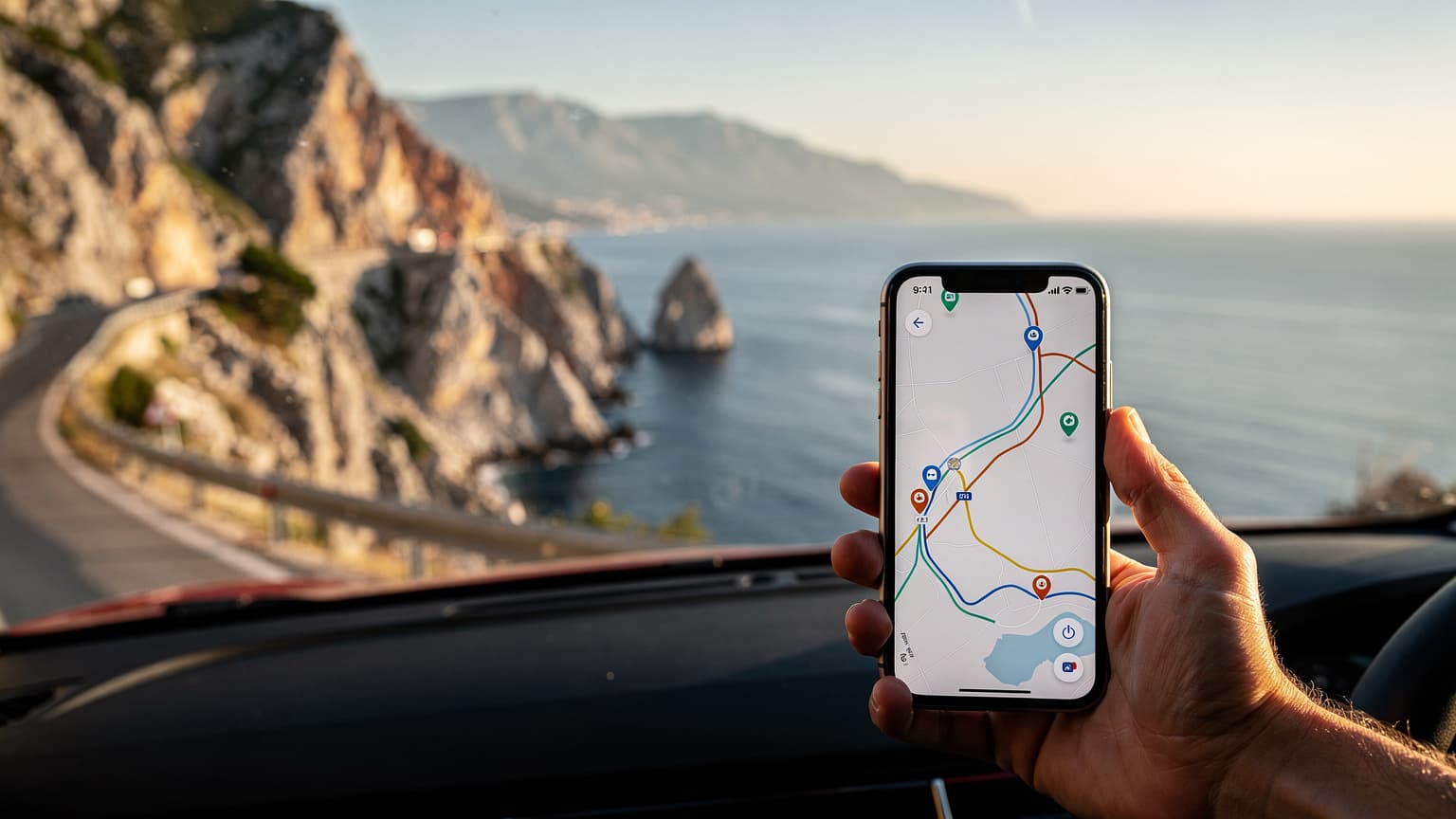A person's hand holds a smartphone with a map app against a scenic Balkan coastline with a car on a winding road, representing a tech-enabled road trip.