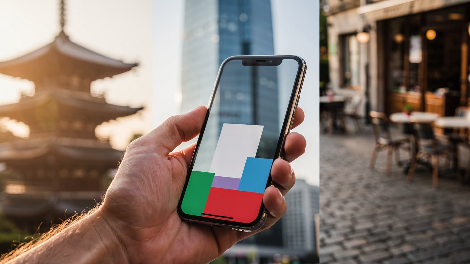 A close-up of a hand holding a smartphone, with a blurred background showing a collage of travel scenes from Japan, Korea, and Europe.