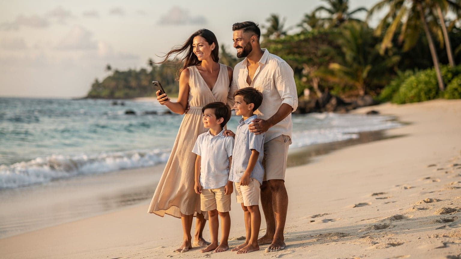 A happy family on a beautiful tropical beach at sunset, with one parent subtly holding a modern smartphone, symbolizing effortless travel connectivity.
