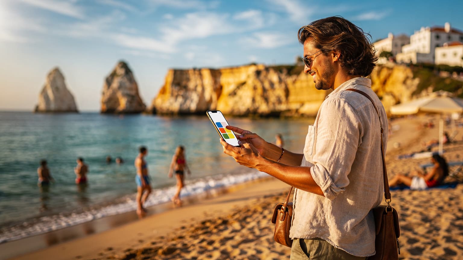 A cinematic, photorealistic image of a traveler holding a smartphone on a vibrant Portuguese beach at golden hour, with people enjoying the water and distant coastal architecture, representing summer travel and digital connectivity.