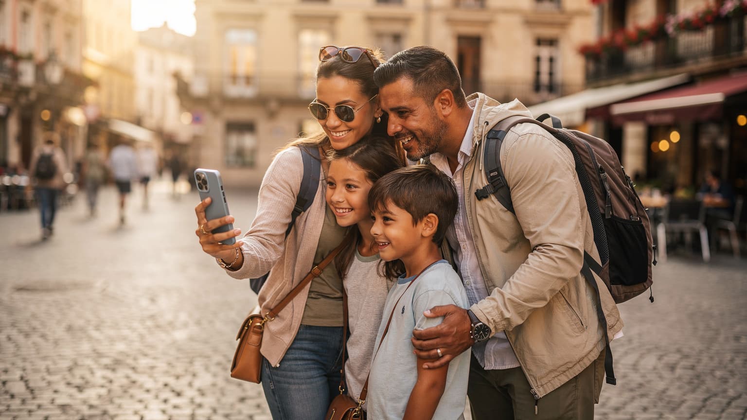 A diverse family of four (two adults, two children) happily looking at a smartphone while standing in a sunlit European city square with blurred historic architecture in the background, conveying modern family travel and connectivity.