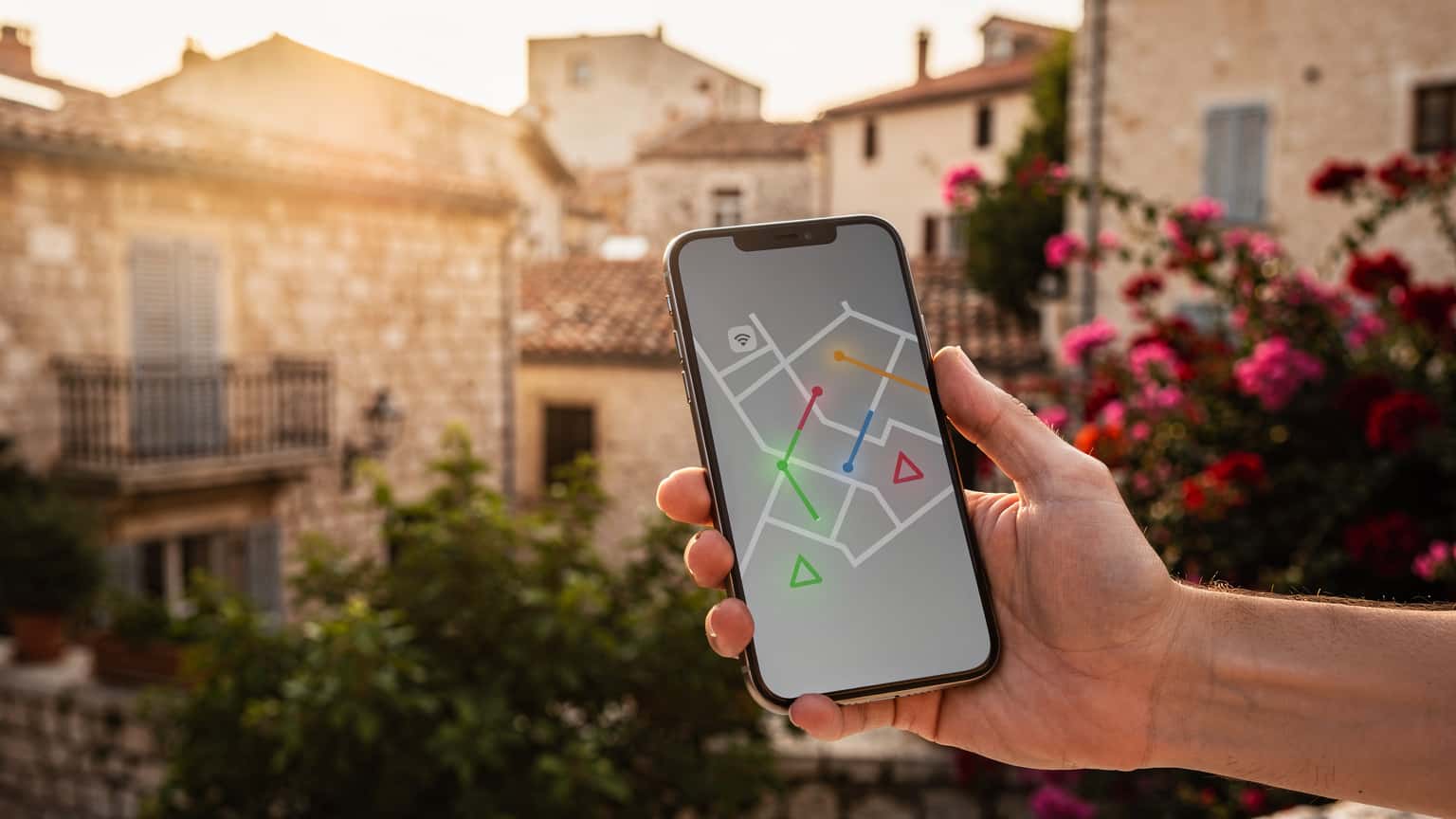 A close-up of a hand holding a smartphone against a blurred, sun-drenched European summer holiday backdrop, symbolizing easy travel connectivity and freedom from roaming costs with an eSIM.