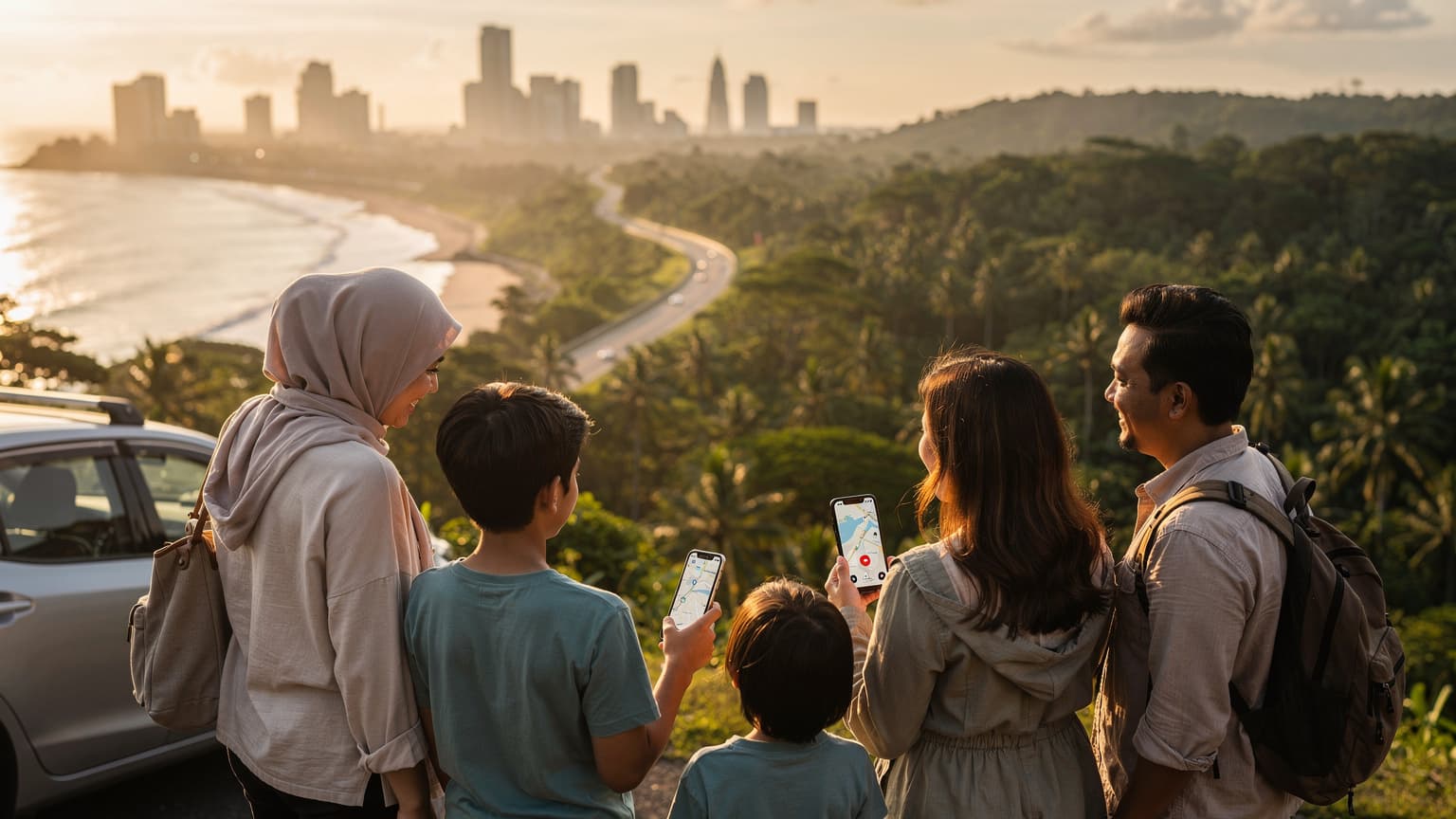 A diverse Malaysian family on a road trip stands at a scenic overlook, admiring a panoramic view of Malaysia's diverse landscapes, with one parent subtly holding a smartphone, representing seamless connectivity.