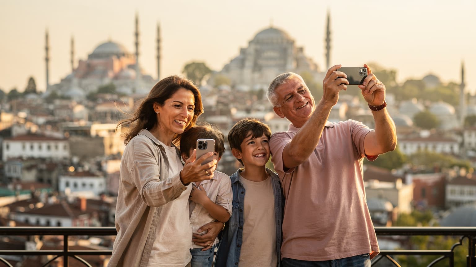 A happy family in Istanbul, Turkey, with the Hagia Sophia and Blue Mosque in the background, using smartphones to capture memories and stay connected during their travels.