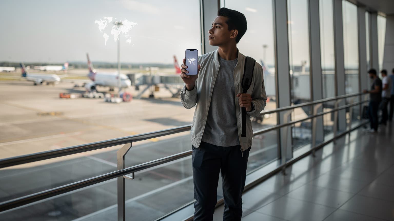 A young traveler holds a modern smartphone while standing at an airport window, looking out at international airplanes on a runway. The scene conveys global travel and seamless connectivity for choosing worldwide internet solutions.