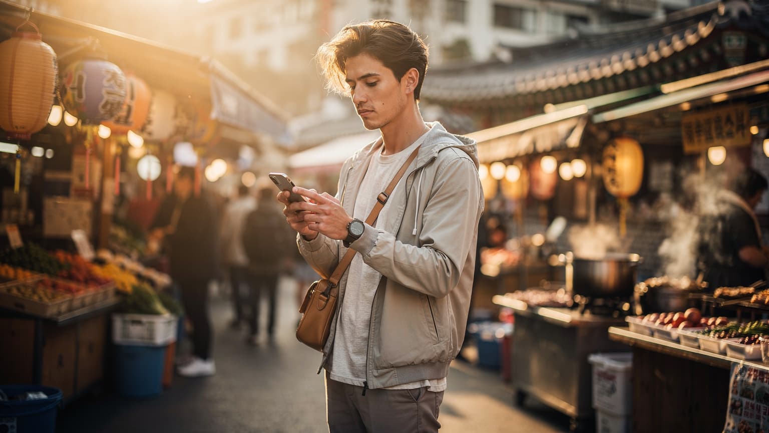 A photorealistic image of a traveler in a vibrant Seoul street market, looking thoughtfully at their smartphone, symbolizing the decision about travel data plans during a trip to Korea.