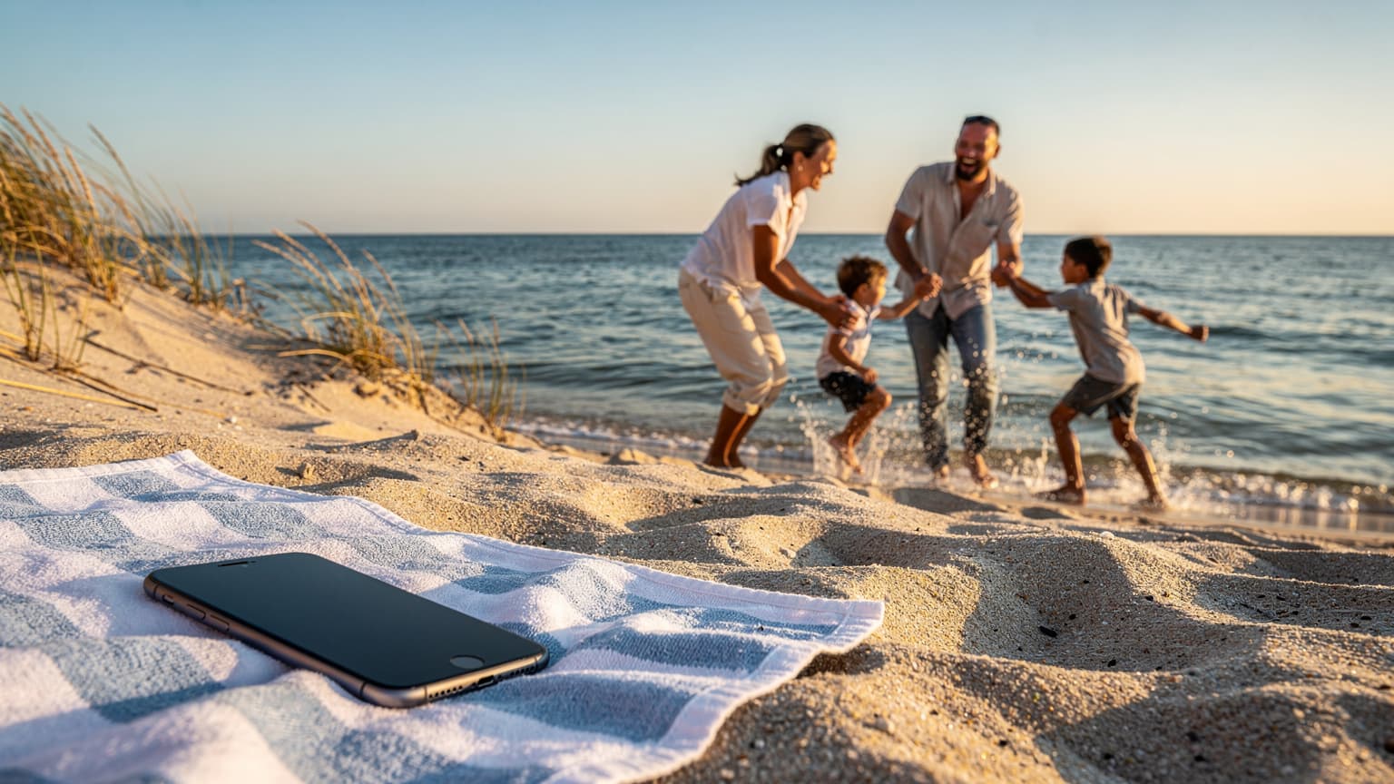 A photorealistic hero image of a family on a sunny Danish beach, with a smartphone subtly placed in the foreground, representing an eSIM for a connected summer coastal holiday.